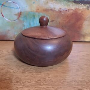 Wooden Round Trinket Box with Lid Signed BVT 6" W x 3" T